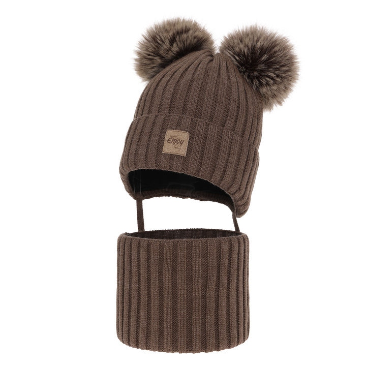 Kompletná zimná detská sada: hnědý čiapka a šál s dvoma mašľami Orange