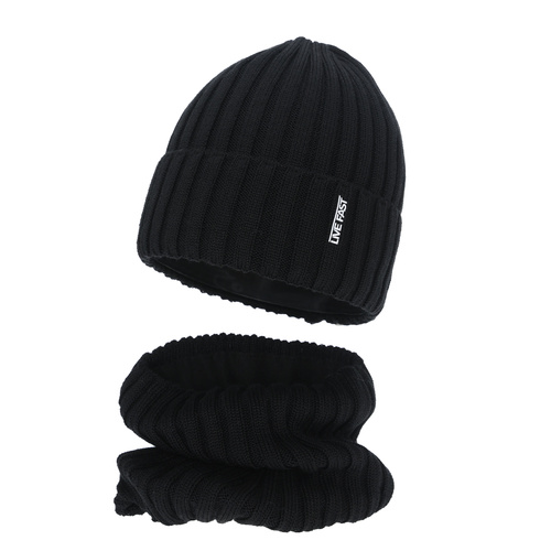 Komplet zimní chlapecký: čepice a tunel, černý, s merino vlnou, podšitý fleece, Banasko
