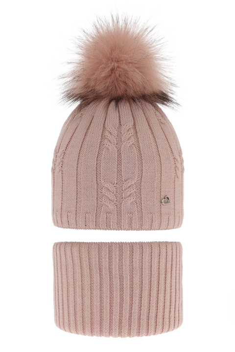 Komplet zimní dívčí: čepice a tunel růžový bambulí Amaltea