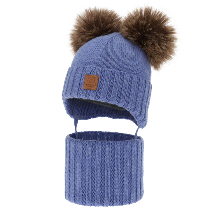 Chlapecká čepice a nákrčník, zimní set, modrý, 100% merino vlna, podšitý vlněným polarem, Ronik