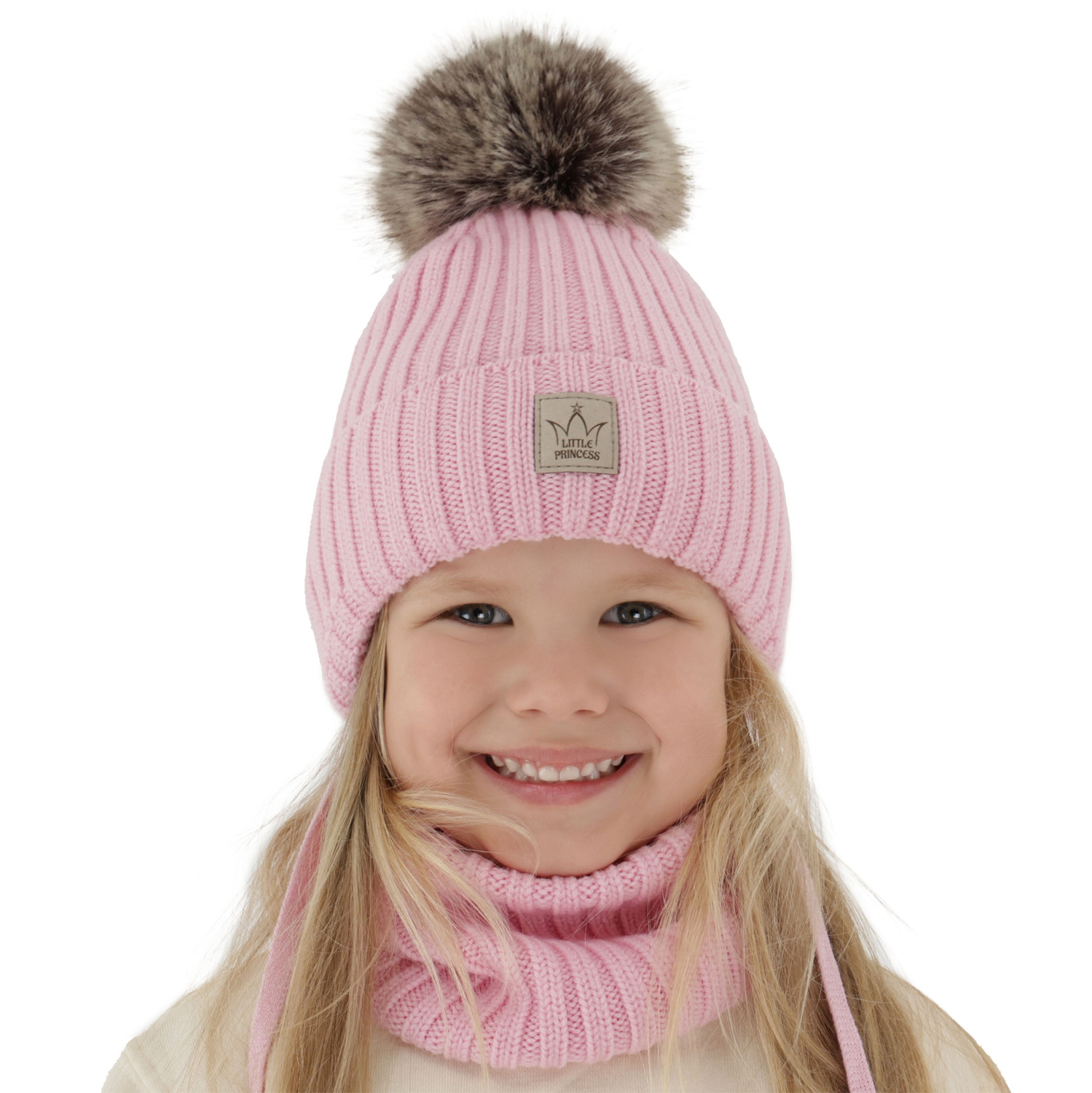 Komplet zimnej dívčí: čepice a tunel růžový 100% extra fine merino vlna s podšívkou z vlnené Martina