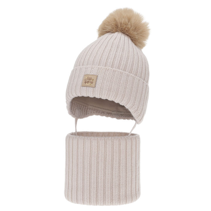 Komplet zimní dívčí: čepice a tunel, béžový, 100% merino vlněný, zavazovací, podšitý bavlnou, Malesia