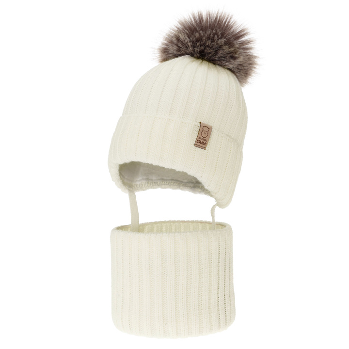 Komplet zimnej dívčej: čiapka a tunel, krémový, s bambuľou Abigail