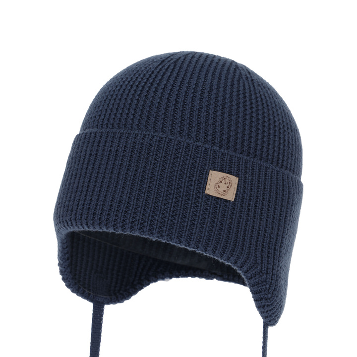 Chlapecká zimní, podzimní, jarní čepice, 100% merino vlněná, zavazovací, tmavě modrá, Bakadi