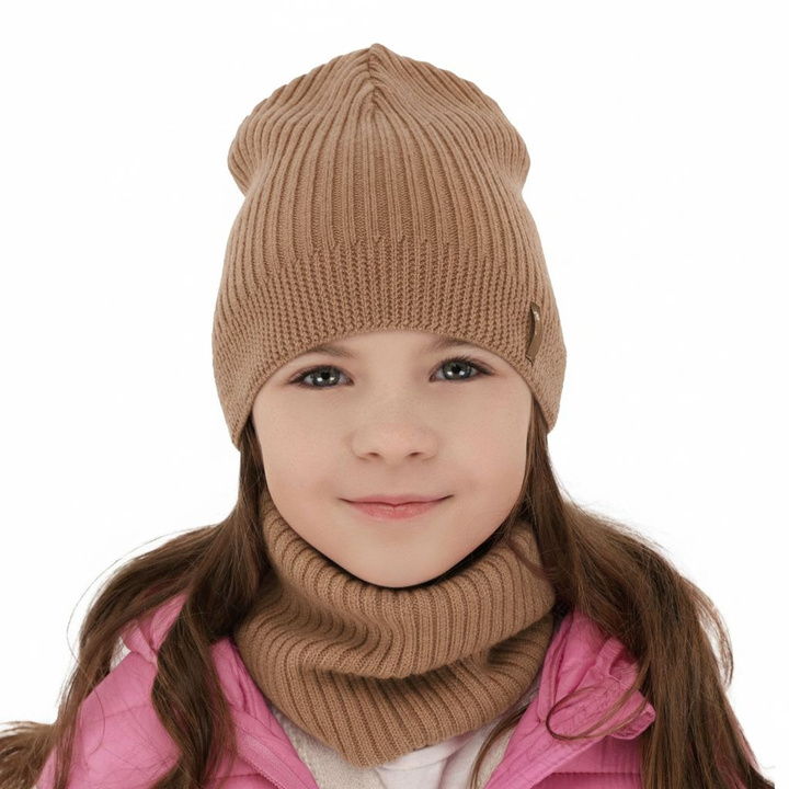 Komplet jesenný/jarný dievčenský čiapka a tunel camel 100% extrafine merino vlna Chelsie