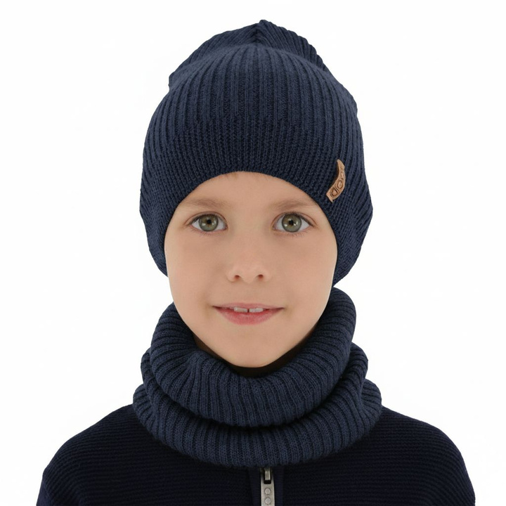 Komplet podzimní/jarní chlapecký: čepice a tunel tmavě modrý 100% extrafine merino vlna Chester