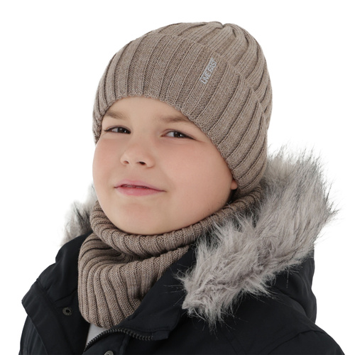 Komplet zimní chlapecký: čepice a tunel, camel, s merino vlnou, podšitý fleece, Banasko