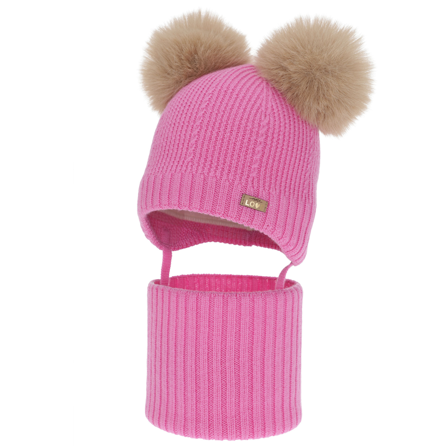 Dívčí čepice a nákrčník, zimní set, růžový, 100% merino vlna, podšitý vlněným polarem, Lumia