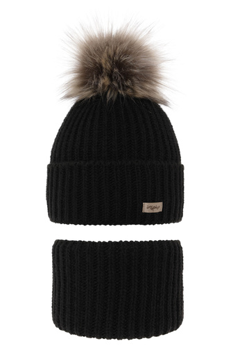 Komplet zimní dívčí: čepice a tunel černý bambulí Willow