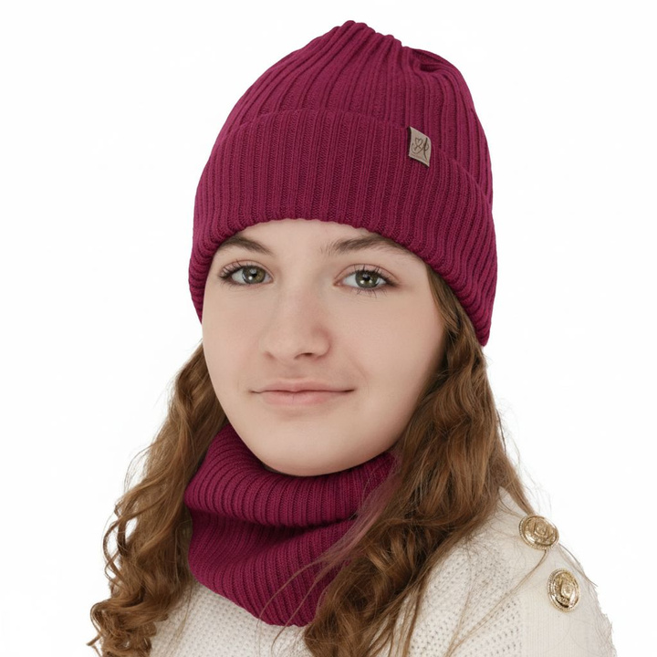 Komplet zimní dívčí: čepice a tunel, amarant, 100% merino vlna, Patricia