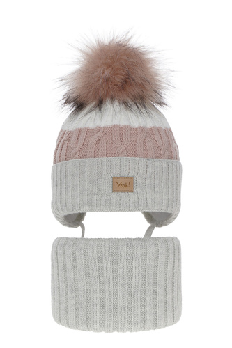 Komplet zimní dívčí: čepice a tunel šedý s bambulí Riviera