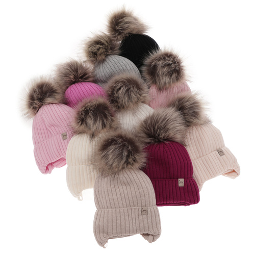 Komplet zimní dívčí: čepice a tunel, světle růžový, zavazovací, 100% merino vlněný, s bambulí, Junika