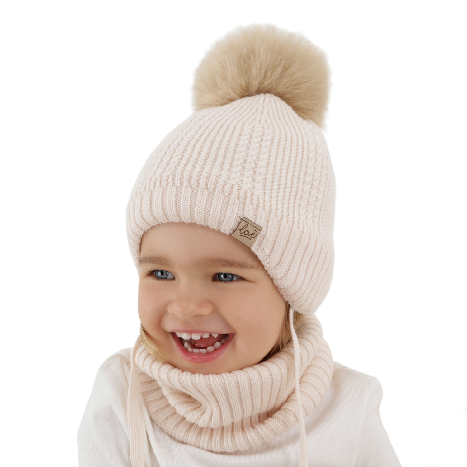 Čepice a tunel pro dívku zimní komplet, šedý, 100% merino vlněný, podšitý vlněným fleecem, zavazovací Danielle