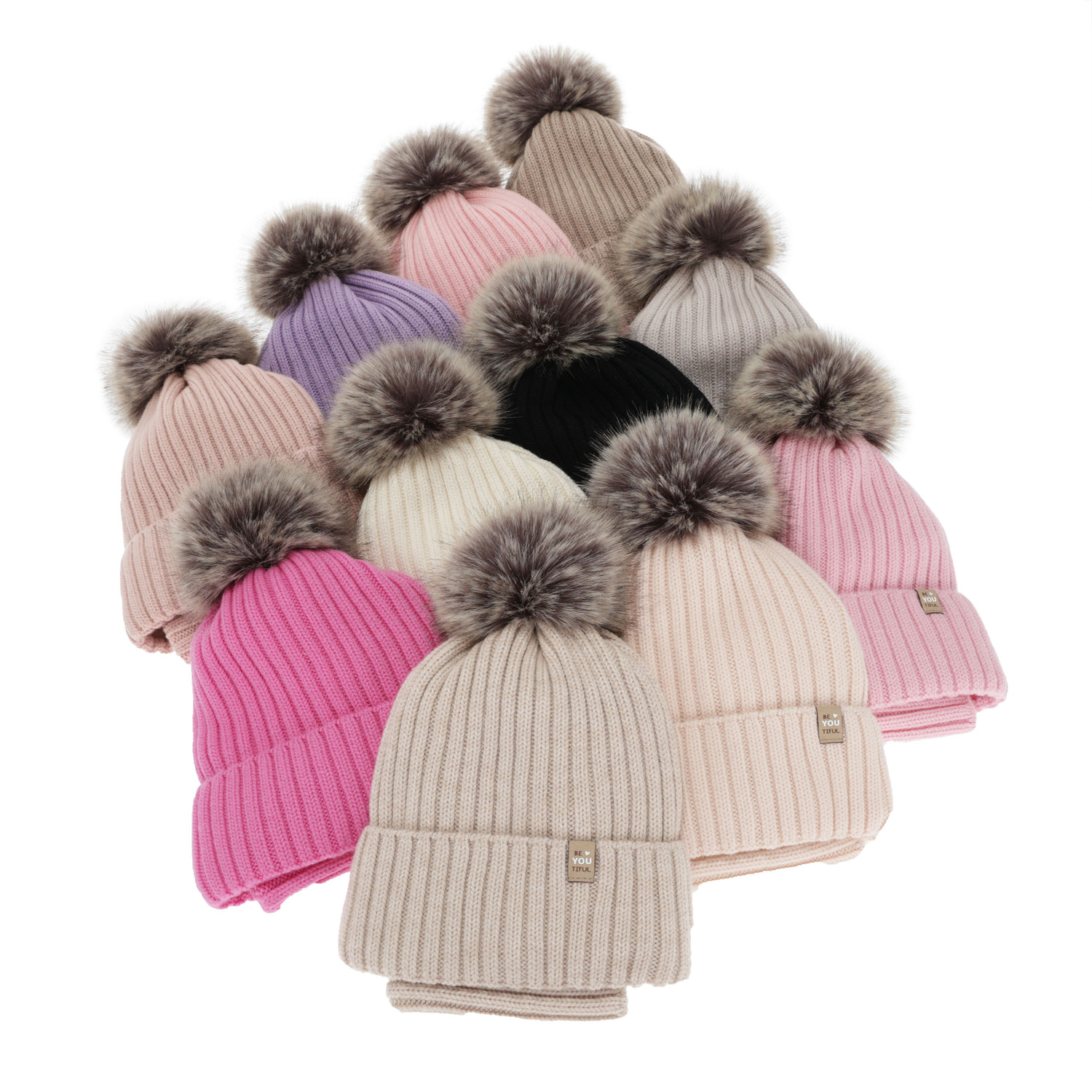 Komplet zimní dívčí: čepice a tunel, jasnoróžový, 100% merino vlněná, podšitá bavlnou, s bambulí, Terida