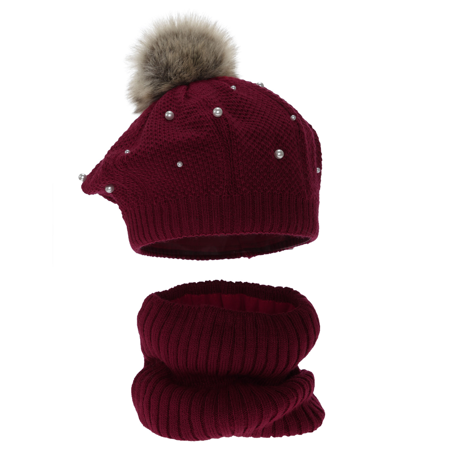 Beret a tunel zimní dívčí, bordový, podšitý fleece, s bambulí, Jeanette