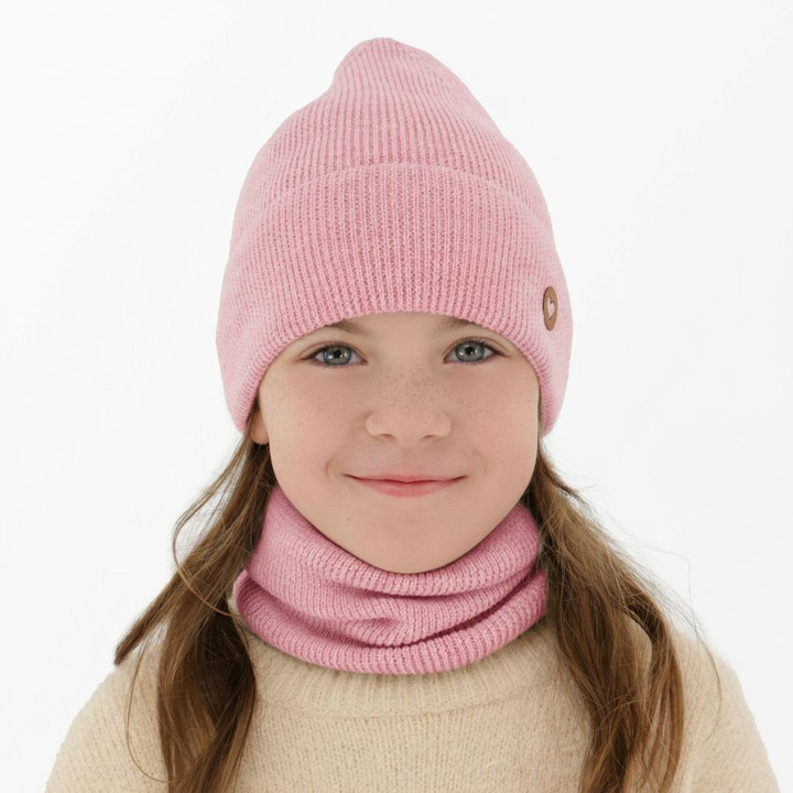 Komplet jesenný/jarný dievčenský čiapka a tunel růžový 100% extrafine merino vlna Brook