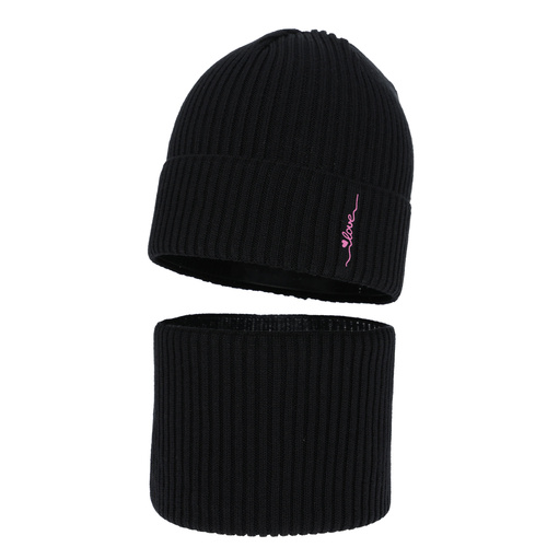 Komplet podzimní/jarní dívčí: čepice a tunel, s bavlnou, černý, Elvara